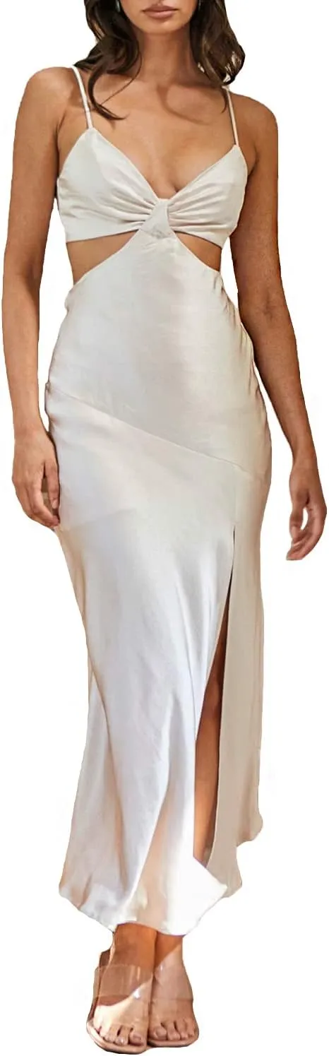 2025 Satin Cut Out Maxi Summer Dresses for Women Silk Spaghetti Strap V-Neck Backless Tie Back Wedding Guest Midi Dress