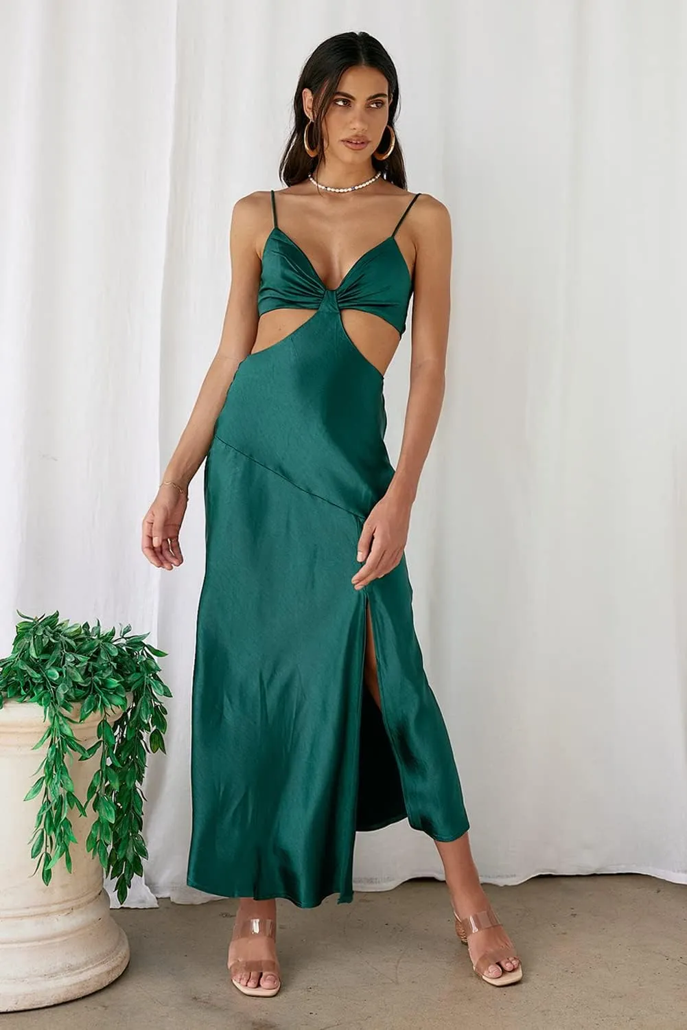 2025 Satin Cut Out Maxi Summer Dresses for Women Silk Spaghetti Strap V-Neck Backless Tie Back Wedding Guest Midi Dress
