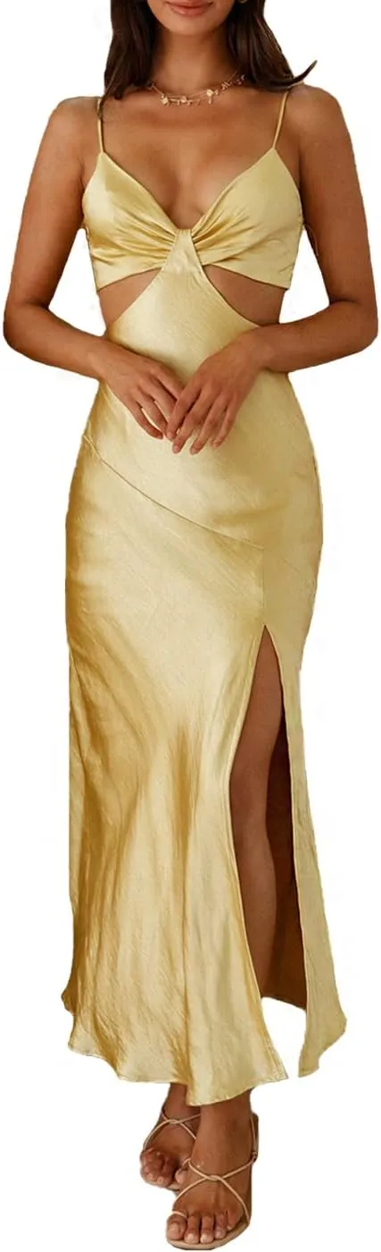2025 Satin Cut Out Maxi Summer Dresses for Women Silk Spaghetti Strap V-Neck Backless Tie Back Wedding Guest Midi Dress