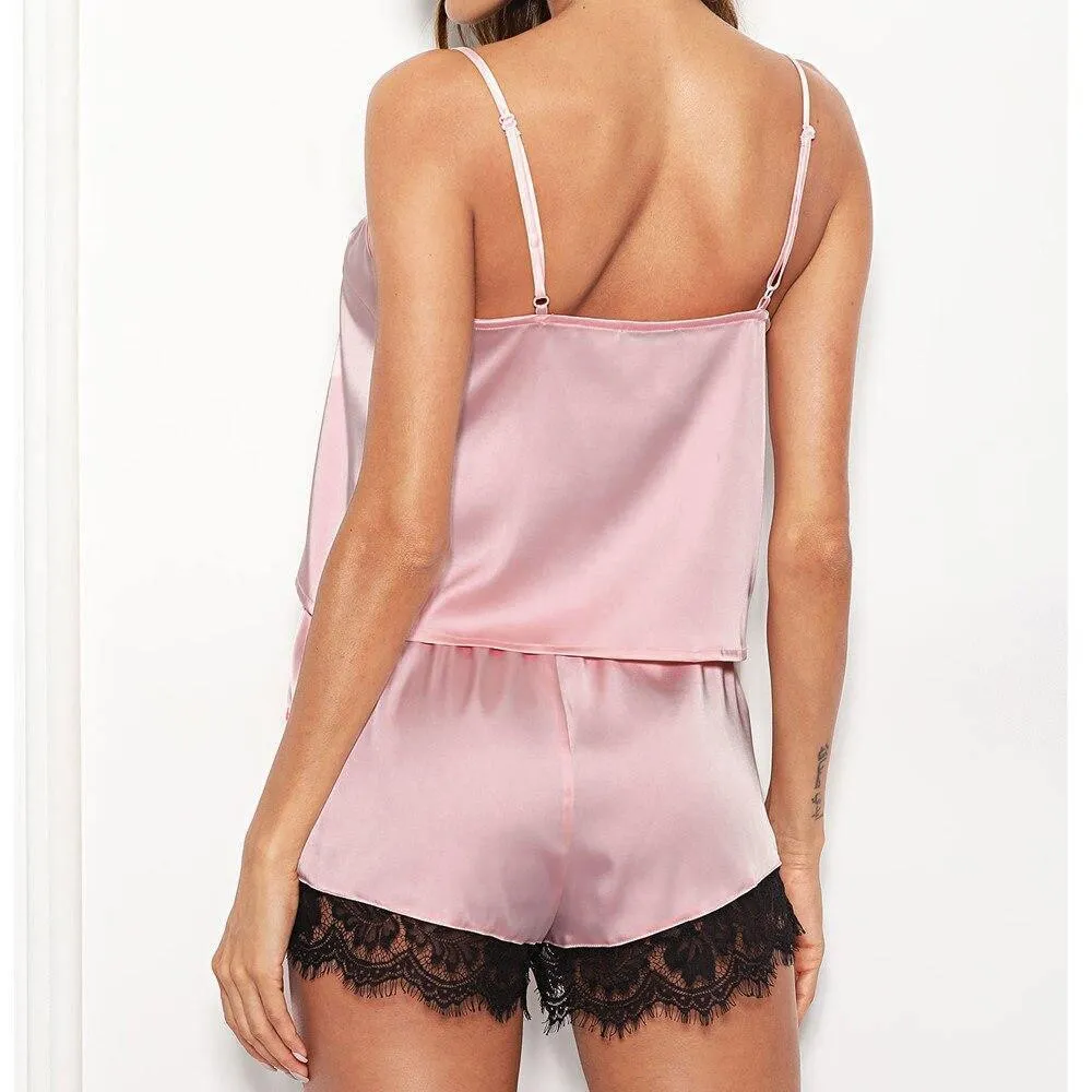 2pcs Lace Patchwork Sleepwear Pajamas Set For Women