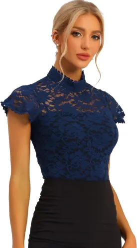 Allegra K Women's Elegant Floral Lace Blouse Short Sleeve Keyhole Back Fitted Semi Sheer Top