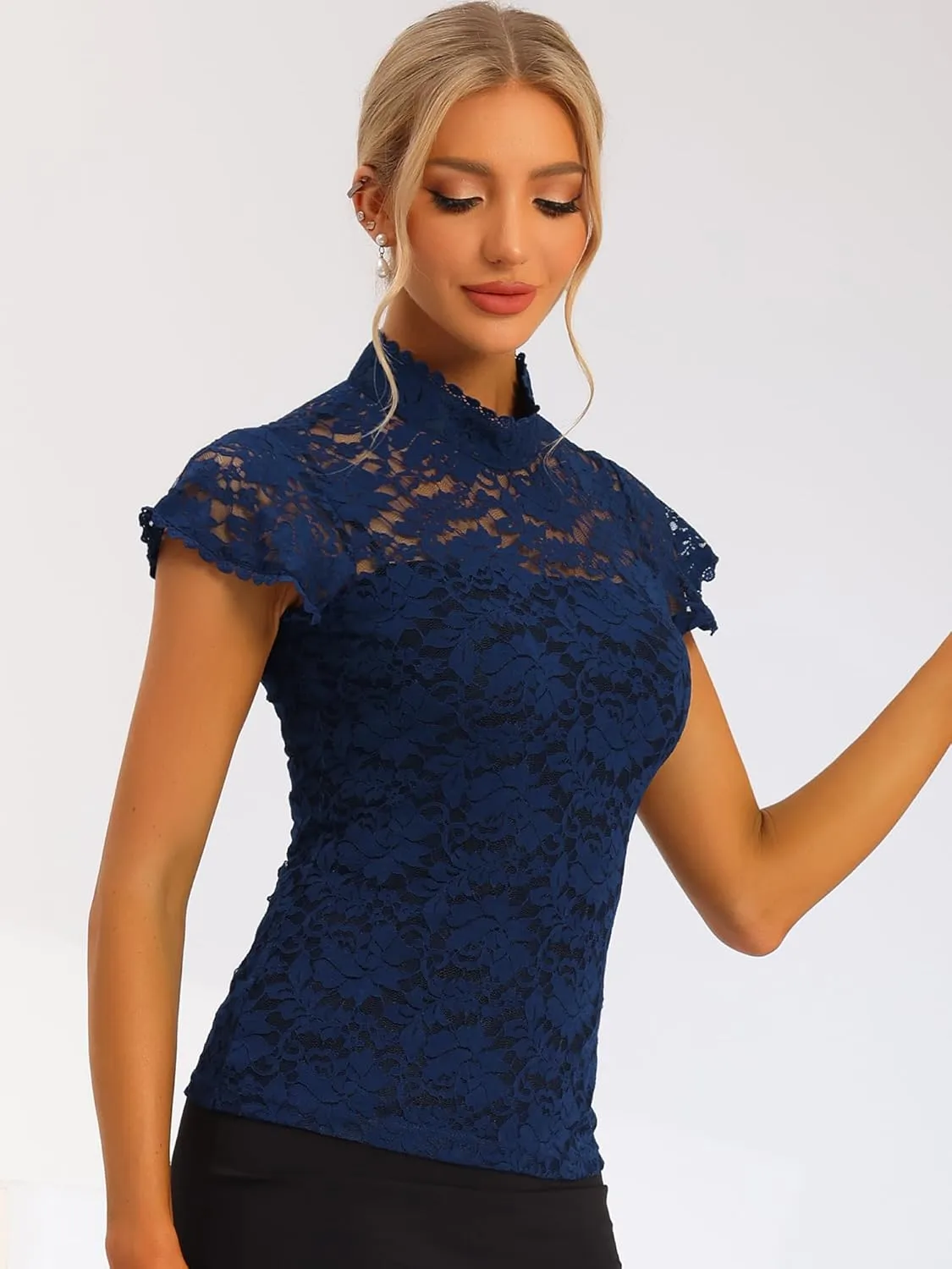 Allegra K Women's Elegant Floral Lace Blouse Short Sleeve Keyhole Back Fitted Semi Sheer Top