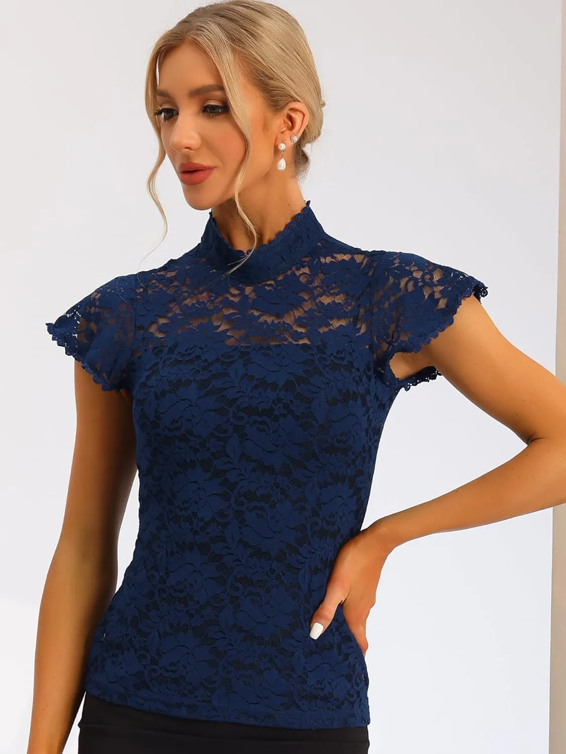 Allegra K Women's Elegant Floral Lace Blouse Short Sleeve Keyhole Back Fitted Semi Sheer Top