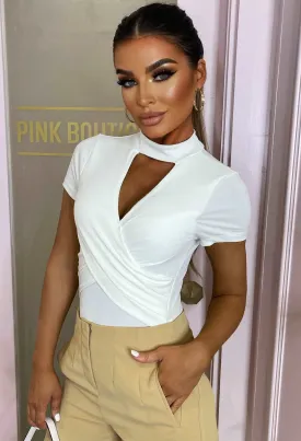 Always My Love White High Neck Wrap Front Ribbed Bodysuit