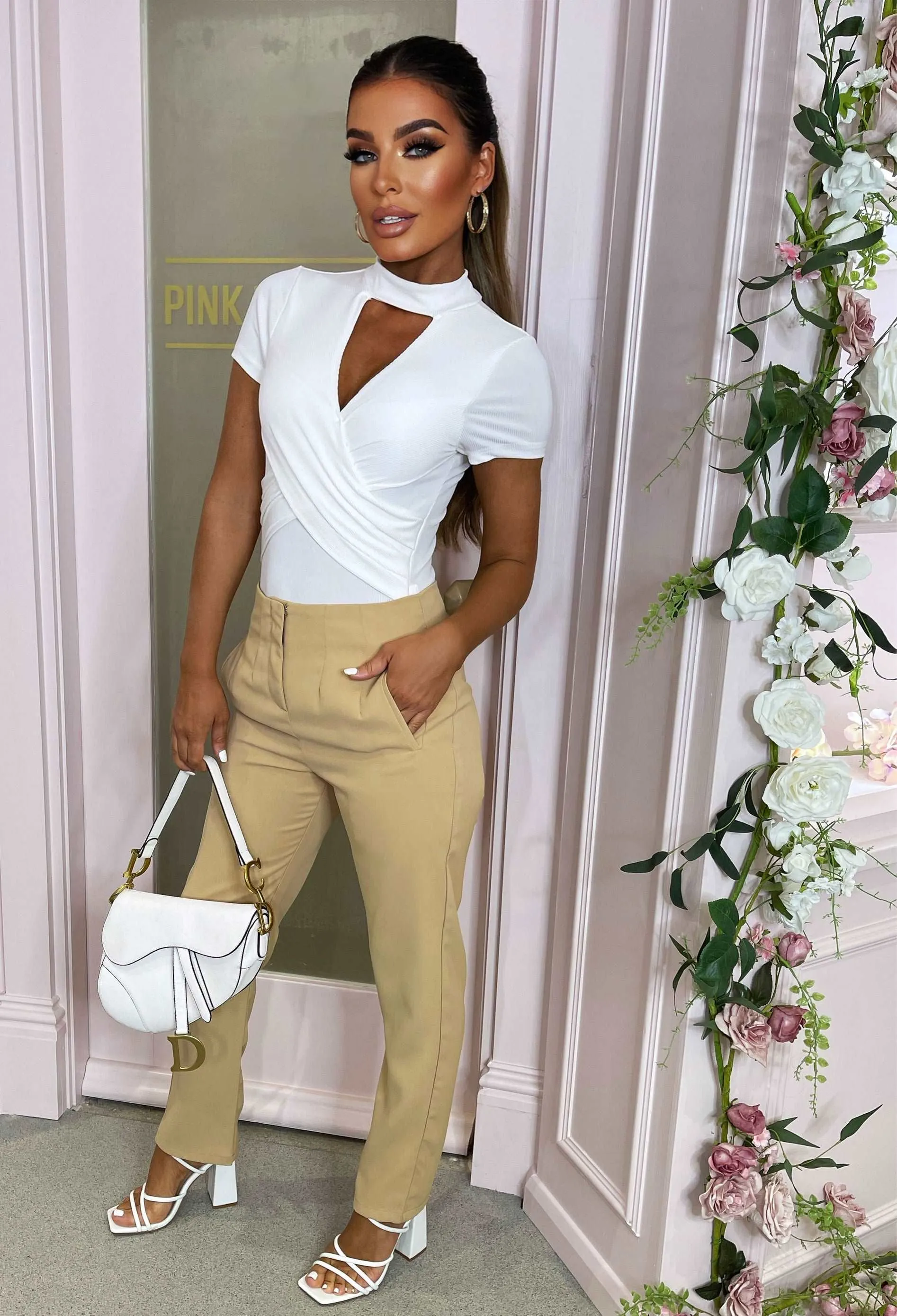 Always My Love White High Neck Wrap Front Ribbed Bodysuit