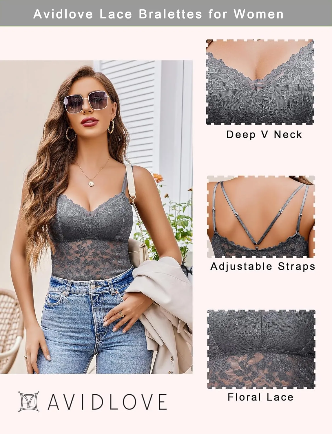 Avidlove Lace Bralette for Women V Neck Camisole Lingerie Spaghetti Strap Tube Slim Tank Top