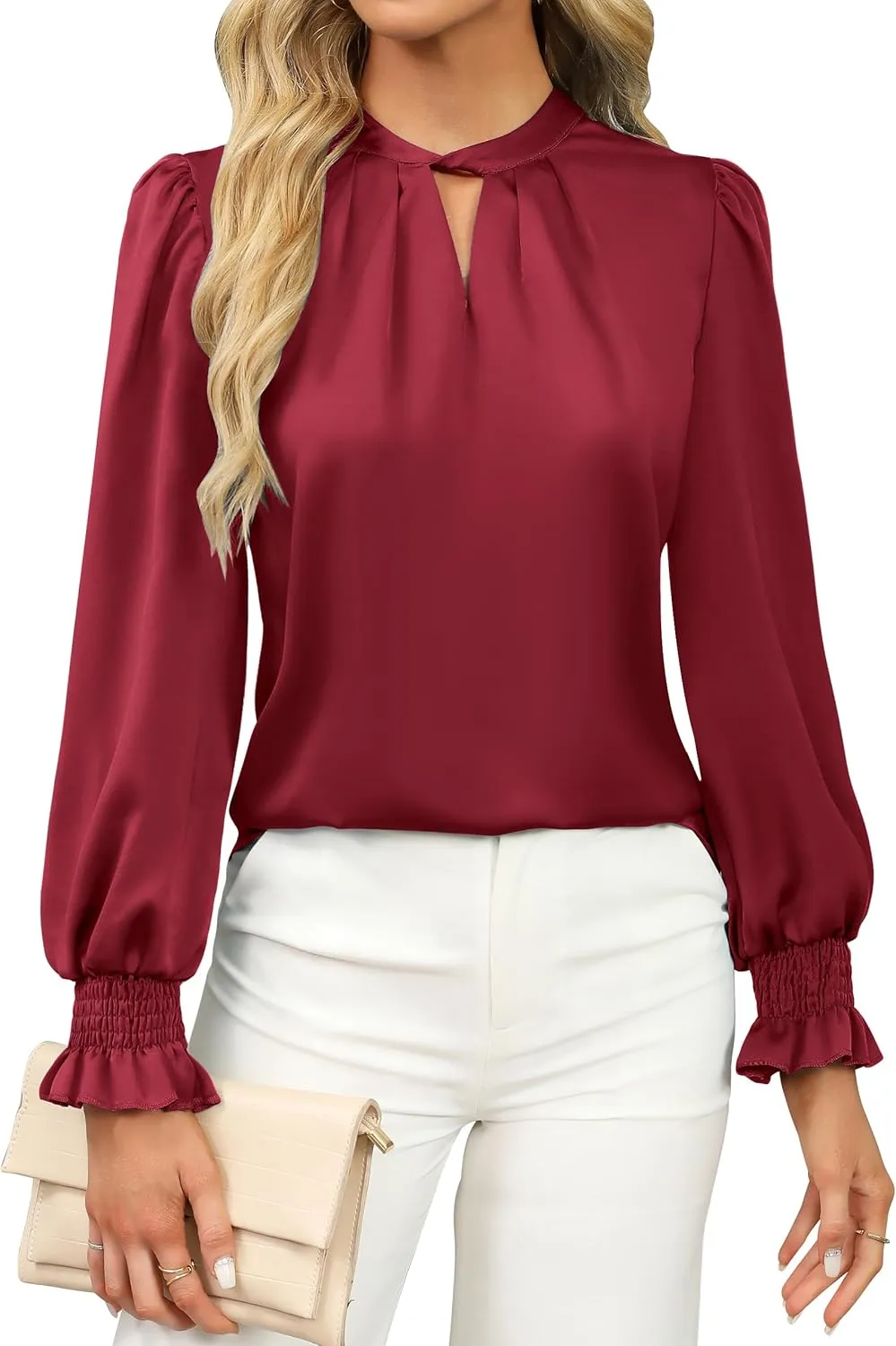 BMJL Womens Dressy Casual Blouse Keyhole Satin Silk Long Sleeve Shirts Business Work Tops Fall Clothes 2024