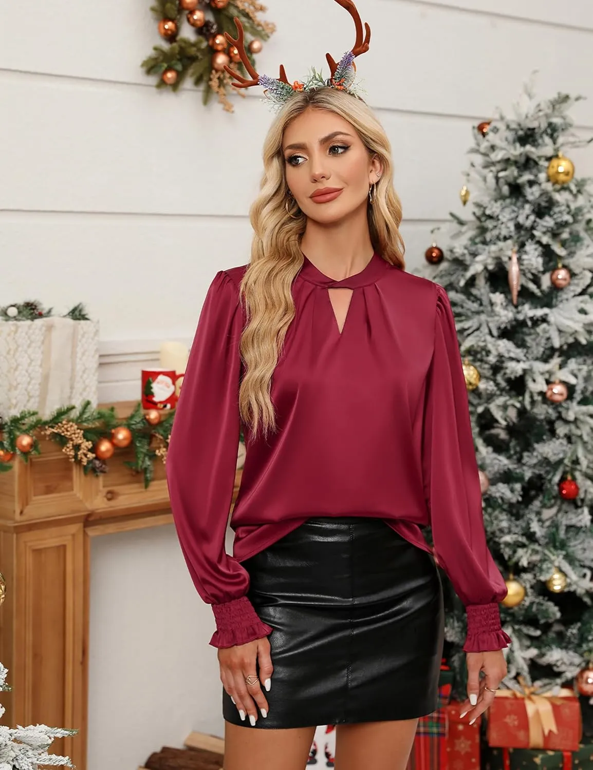 BMJL Womens Dressy Casual Blouse Keyhole Satin Silk Long Sleeve Shirts Business Work Tops Fall Clothes 2024