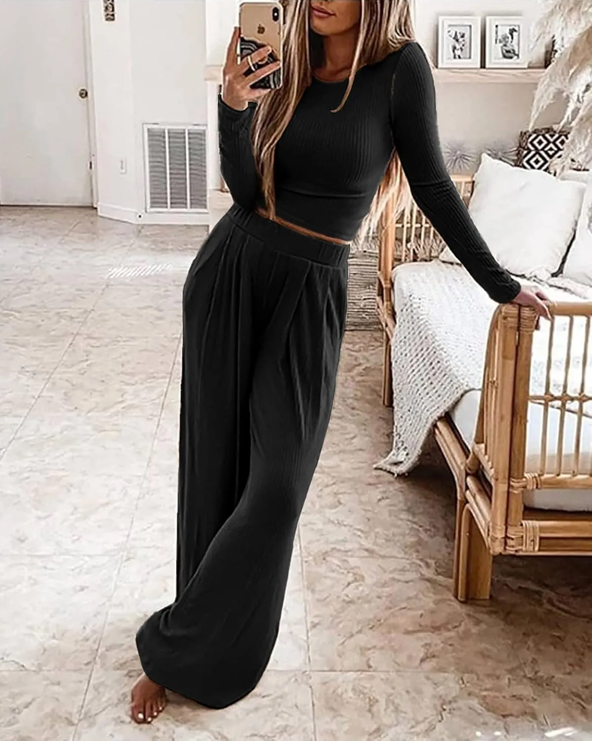 BTFBM Women's Two Piece Lounge Set Long Sleeve Bodycon Ribbed Knit Crop Top Loose Wide Leg Pant Casual Outfits Sweatsuit