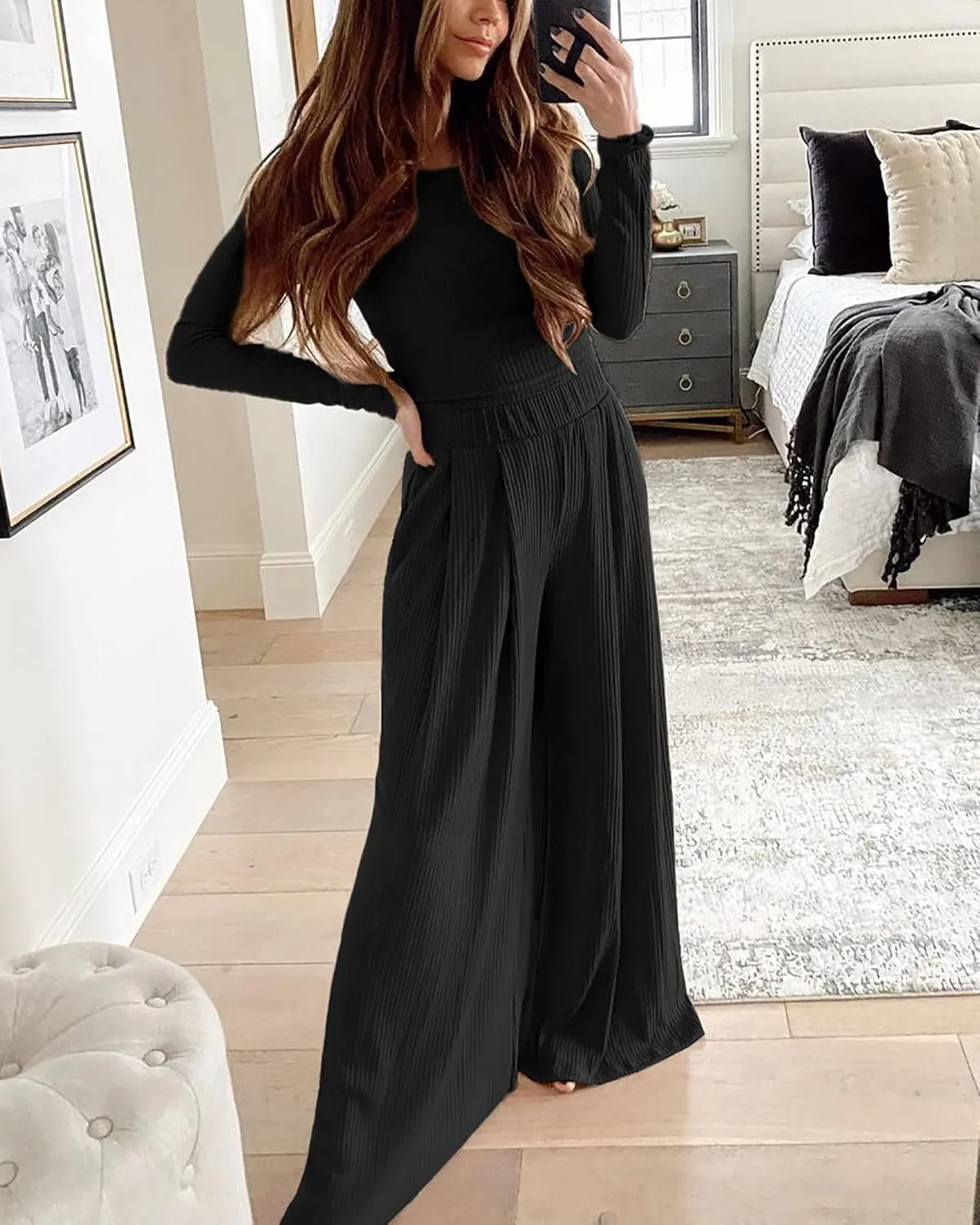 BTFBM Women's Two Piece Lounge Set Long Sleeve Bodycon Ribbed Knit Crop Top Loose Wide Leg Pant Casual Outfits Sweatsuit