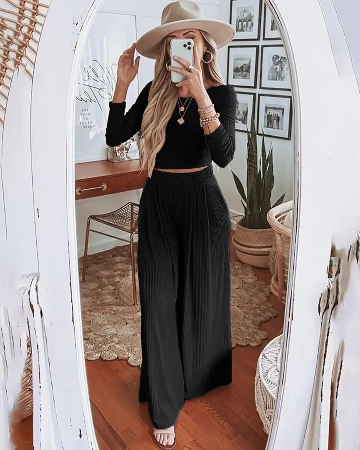 BTFBM Women's Two Piece Lounge Set Long Sleeve Bodycon Ribbed Knit Crop Top Loose Wide Leg Pant Casual Outfits Sweatsuit