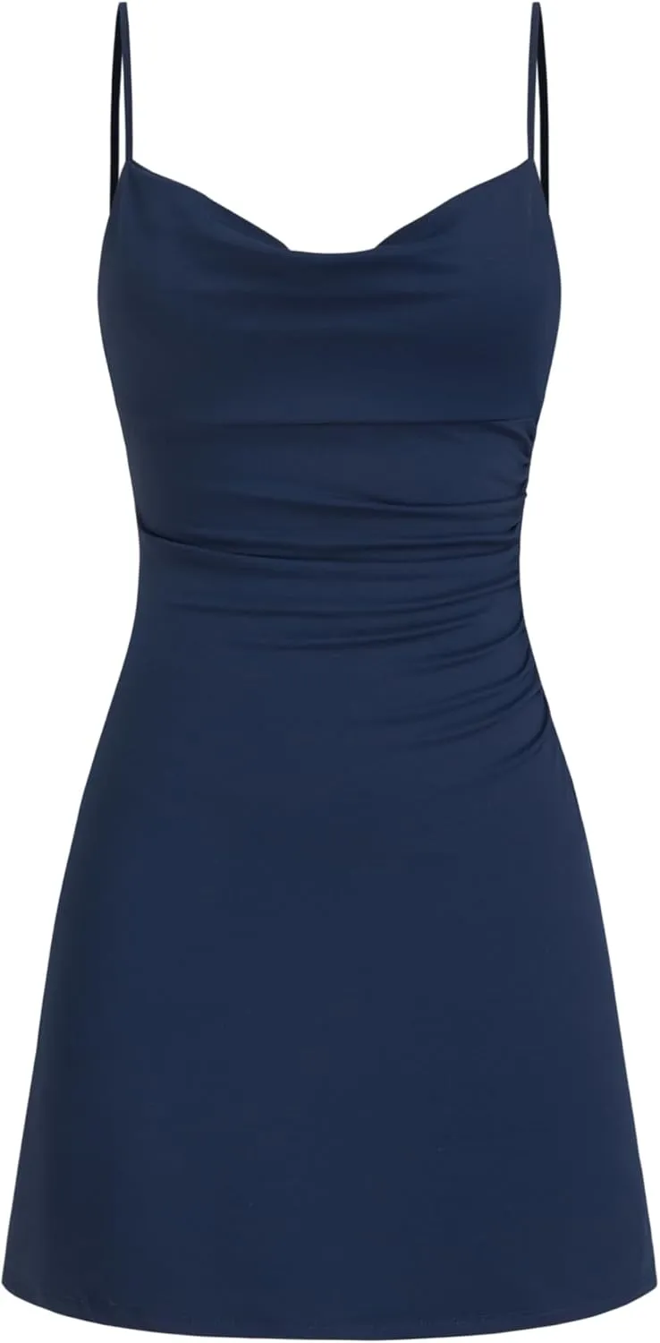 CIDER Womens Cowl Neck Ruched Lace Back Sleeveless Dresses Spaghetti Strap A Line Semi Formal Party Club Dress