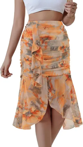 DRESSTELLS Summer Floral Mesh Skirt 2025, Stretchy Ruched Bodycon High Waisted Boho Mermaid Skirts