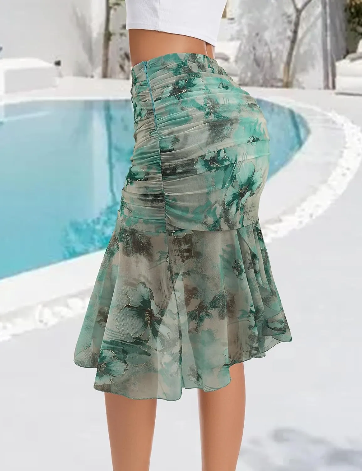 DRESSTELLS Summer Floral Mesh Skirt 2025, Stretchy Ruched Bodycon High Waisted Boho Mermaid Skirts