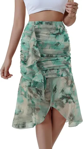 DRESSTELLS Summer Floral Mesh Skirt 2025, Stretchy Ruched Bodycon High Waisted Boho Mermaid Skirts