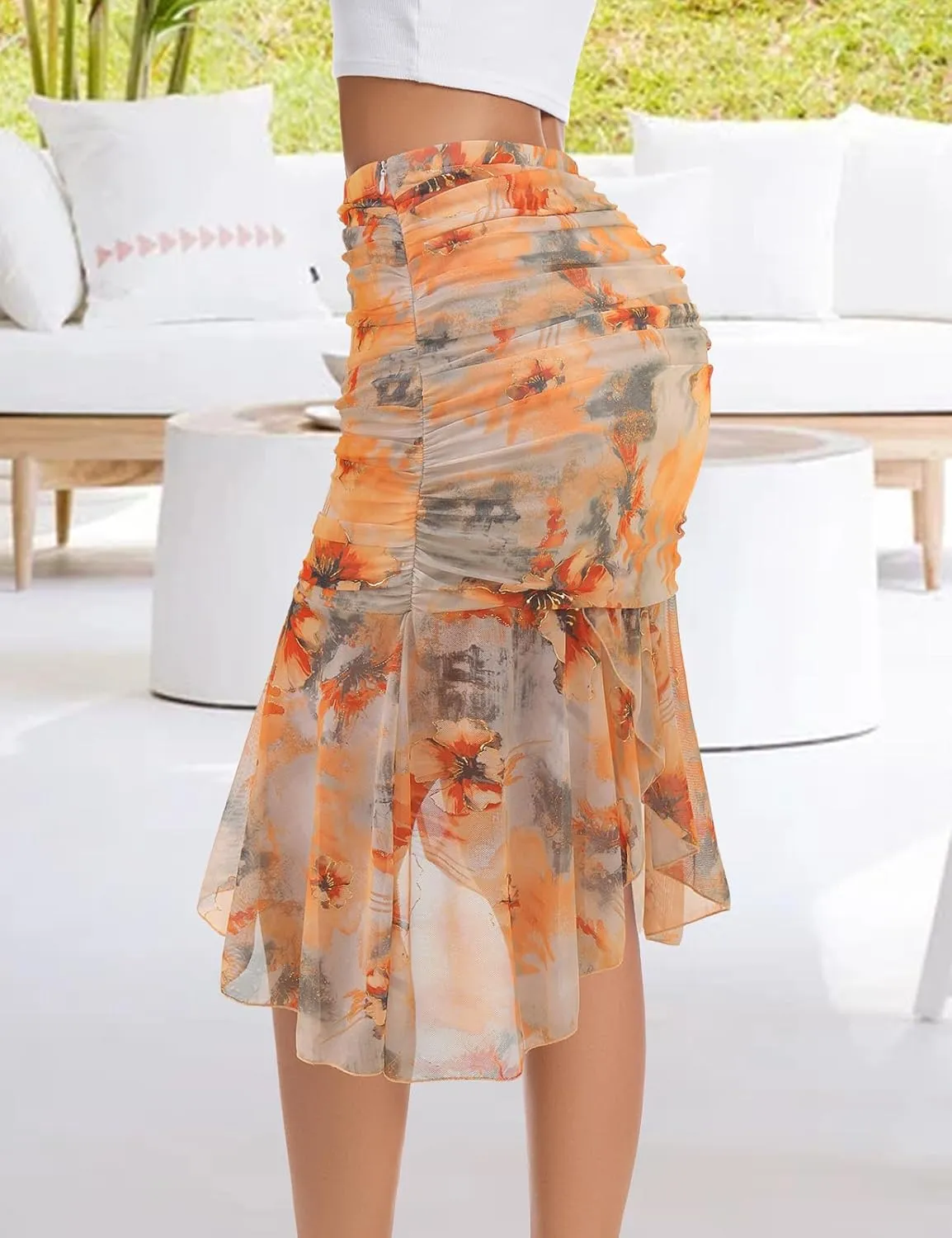 DRESSTELLS Summer Floral Mesh Skirt 2025, Stretchy Ruched Bodycon High Waisted Boho Mermaid Skirts