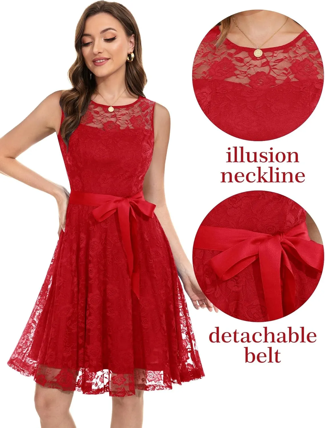 Dressystar Women's Floral Lace Dress Short Bridesmaid Dresses with Sheer Neckline