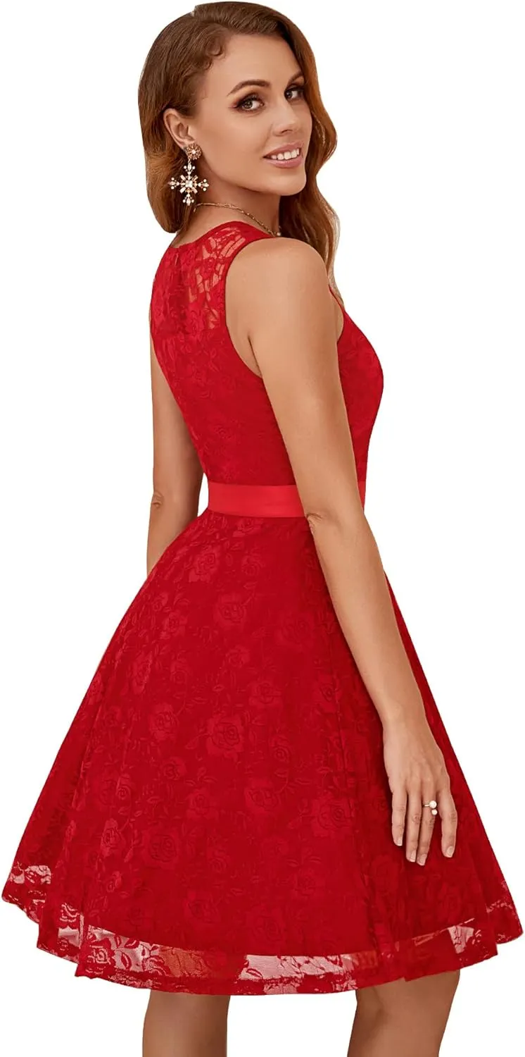 Dressystar Women's Floral Lace Dress Short Bridesmaid Dresses with Sheer Neckline