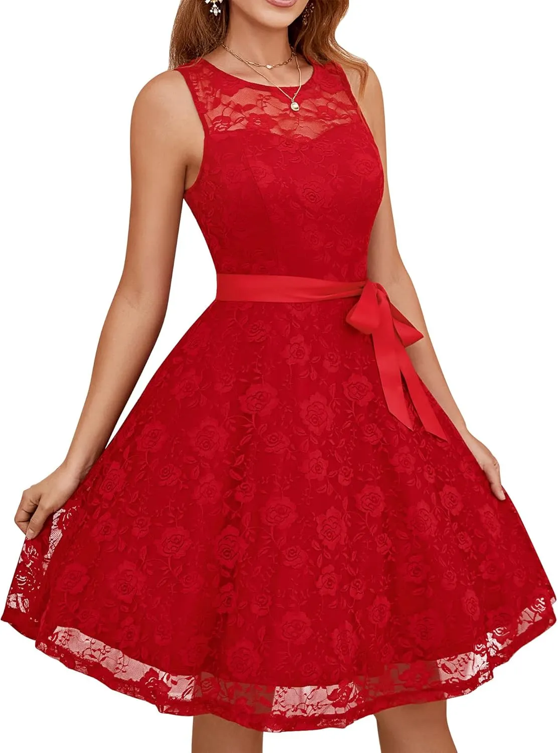 Dressystar Women's Floral Lace Dress Short Bridesmaid Dresses with Sheer Neckline