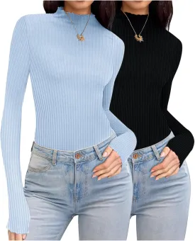 Ekouaer Turtleneck Shirt Women Ribbed Long Sleeve Shirts Lettuce Trim Mock Neck Tops Slim Fit Base Layer