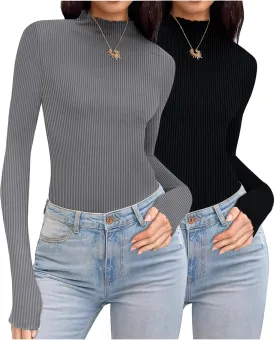 Ekouaer Turtleneck Shirt Women Ribbed Long Sleeve Shirts Lettuce Trim Mock Neck Tops Slim Fit Base Layer