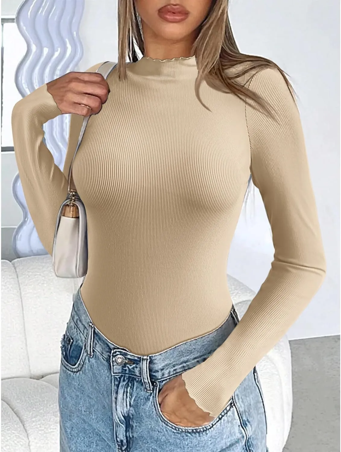 Ekouaer Turtleneck Shirt Women Ribbed Long Sleeve Shirts Lettuce Trim Mock Neck Tops Slim Fit Base Layer