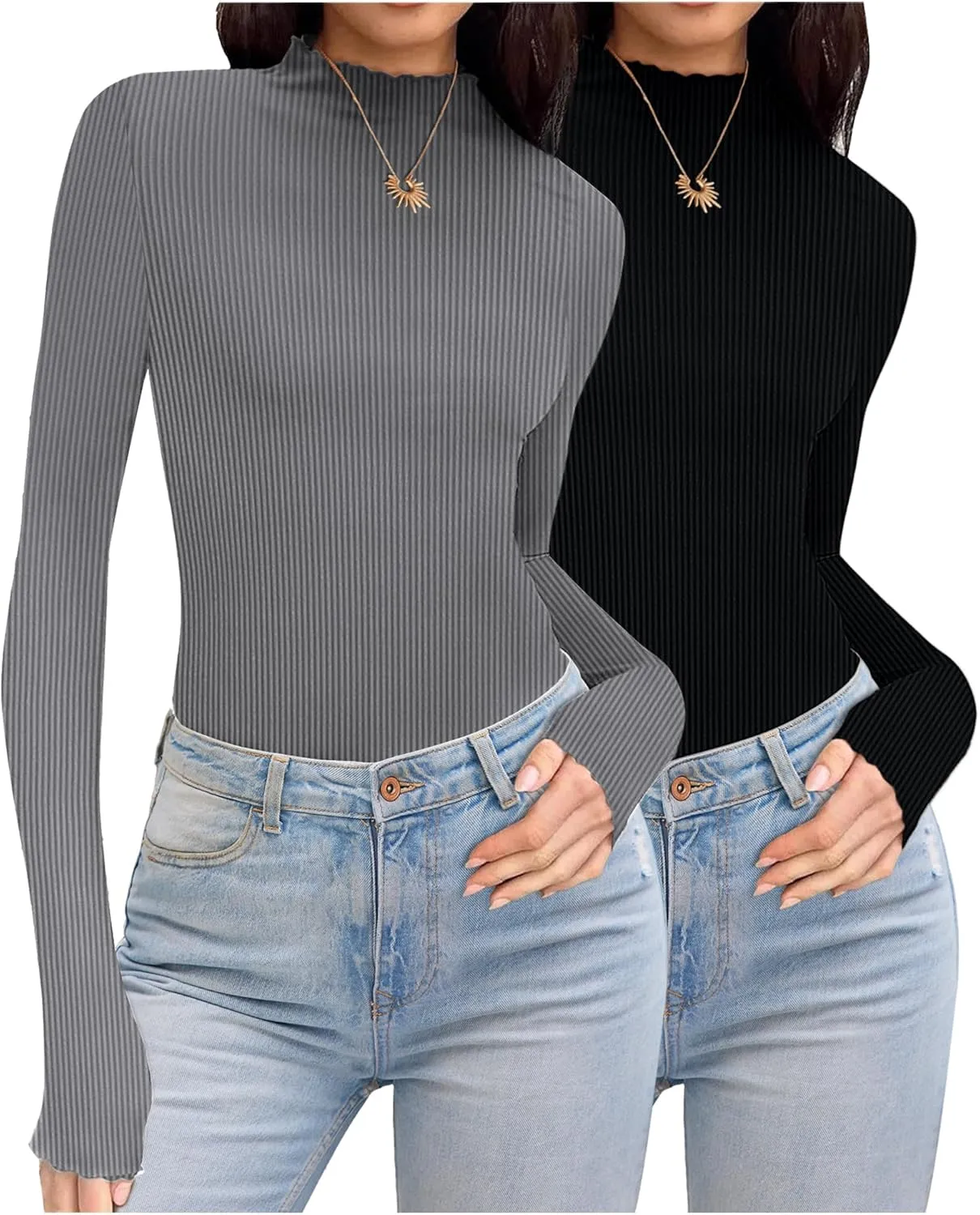 Ekouaer Turtleneck Shirt Women Ribbed Long Sleeve Shirts Lettuce Trim Mock Neck Tops Slim Fit Base Layer