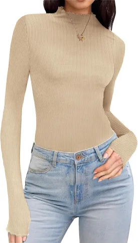 Ekouaer Turtleneck Shirt Women Ribbed Long Sleeve Shirts Lettuce Trim Mock Neck Tops Slim Fit Base Layer