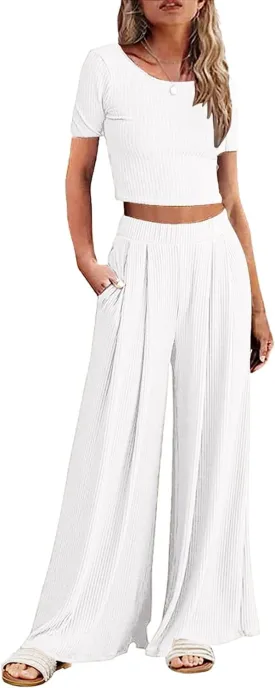 Ekouaer Women's 2 Piece Lounge Sets Short Sleeve Pajama Set Ribbed Knit Crop Top Wide Leg Pants Loungewear S-XXL