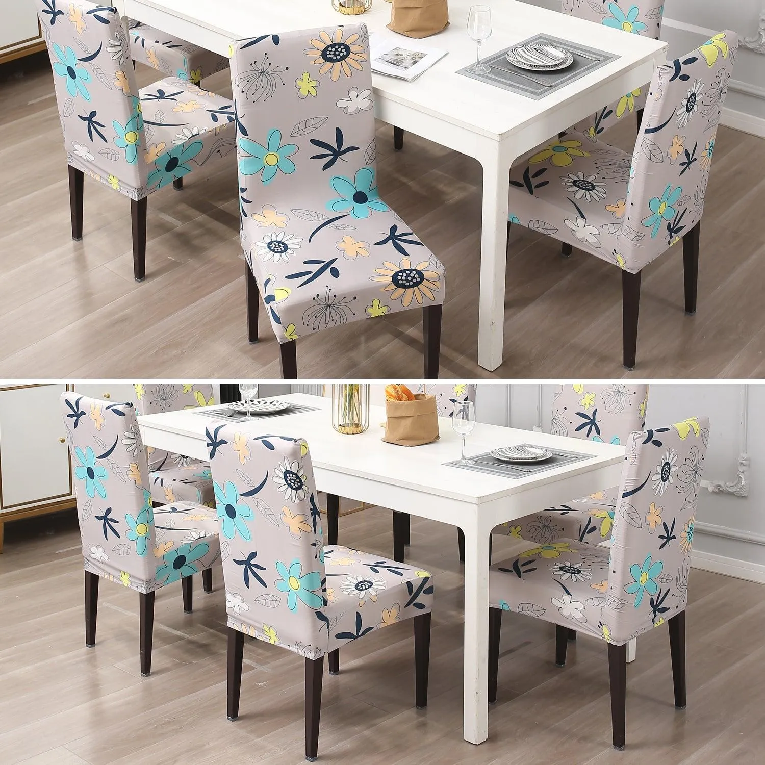 Elastic Stretchable Dining Chair Cover, Beige Mixed Flowers