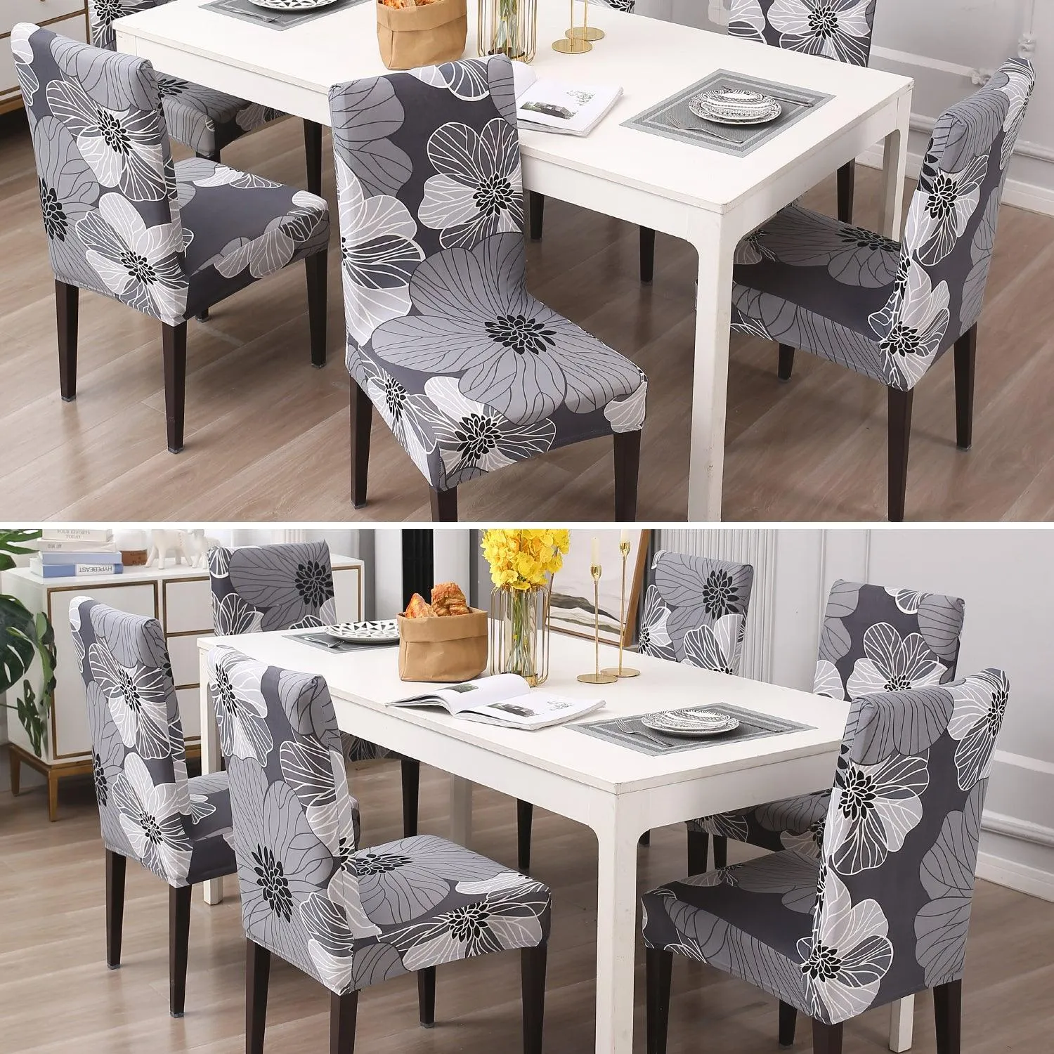 Elastic Stretchable Dining Chair Cover, Grey Hibiscus