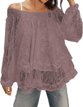 Faretumiya Women Off Shoulder Sheer Lace Top Long Sleeve Bow Tie Mesh Flowy Blouse Y2k Ruffle Tiered See Through Shirt