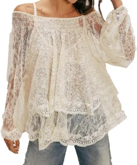 Faretumiya Women Off Shoulder Sheer Lace Top Long Sleeve Bow Tie Mesh Flowy Blouse Y2k Ruffle Tiered See Through Shirt