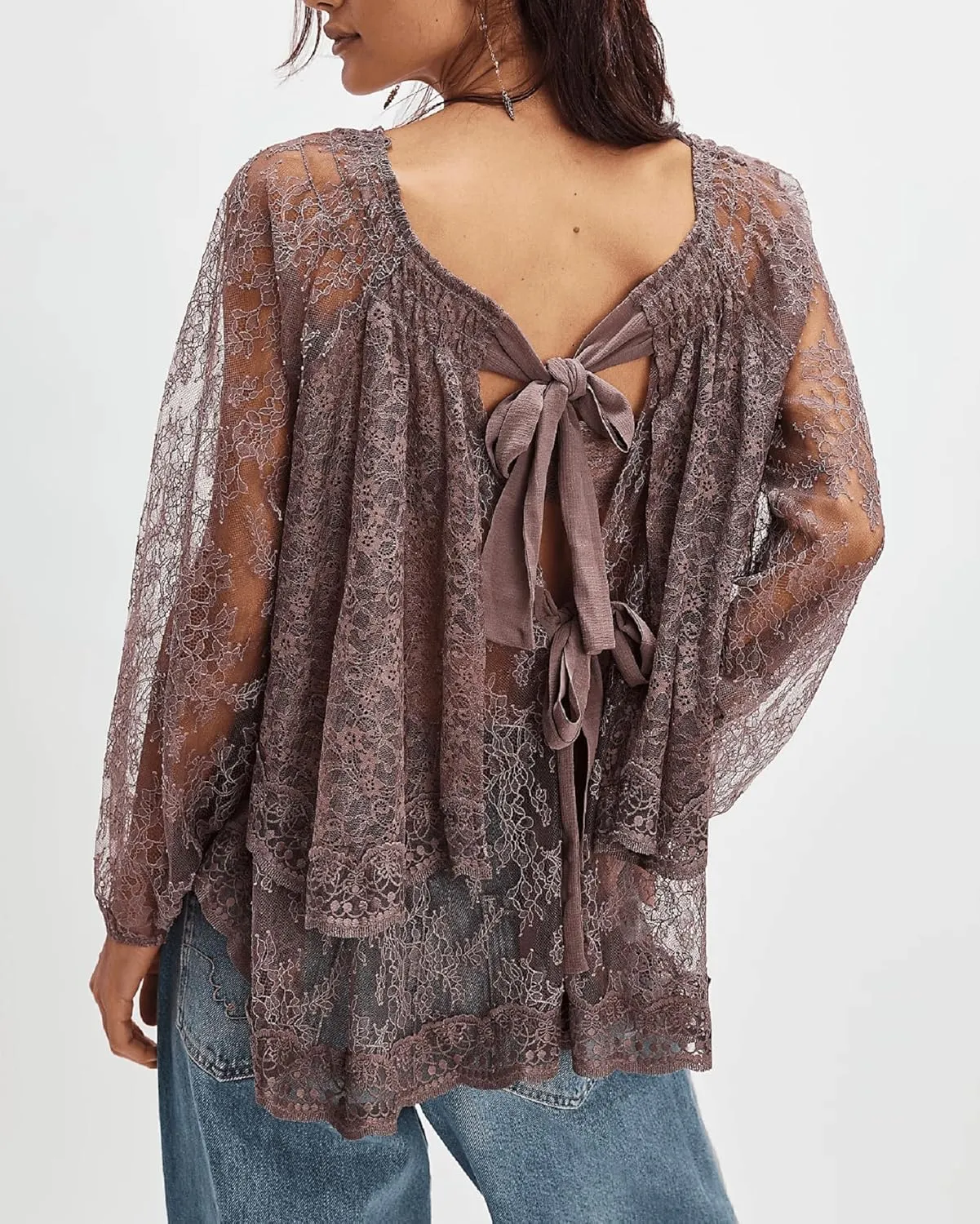 Faretumiya Women Off Shoulder Sheer Lace Top Long Sleeve Bow Tie Mesh Flowy Blouse Y2k Ruffle Tiered See Through Shirt