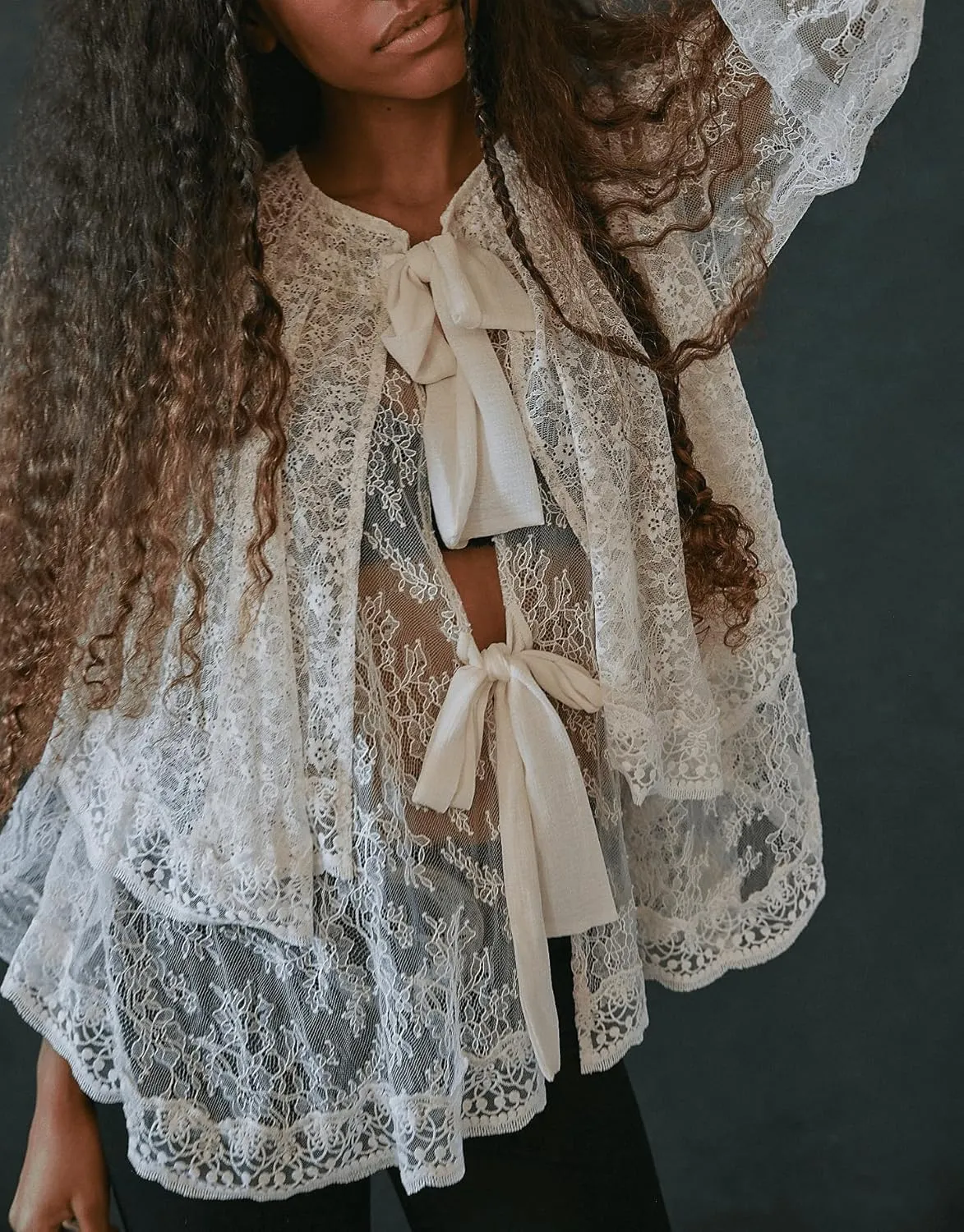 Faretumiya Women Off Shoulder Sheer Lace Top Long Sleeve Bow Tie Mesh Flowy Blouse Y2k Ruffle Tiered See Through Shirt