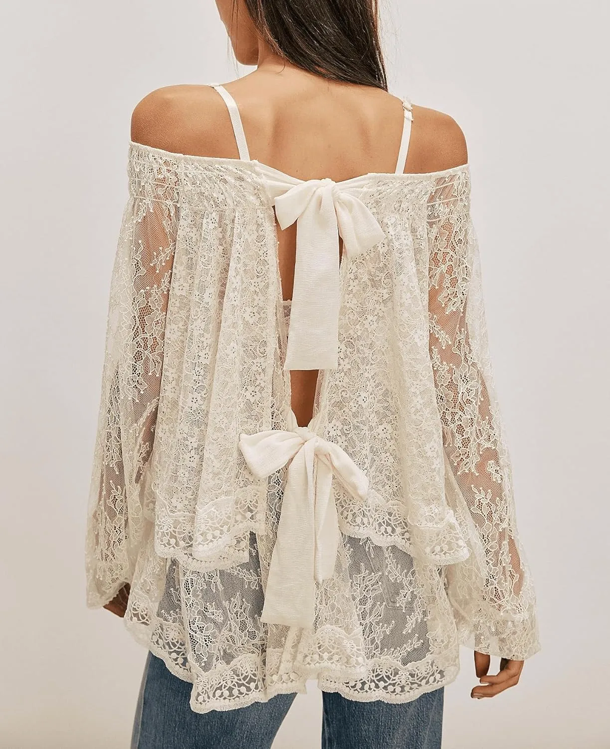 Faretumiya Women Off Shoulder Sheer Lace Top Long Sleeve Bow Tie Mesh Flowy Blouse Y2k Ruffle Tiered See Through Shirt
