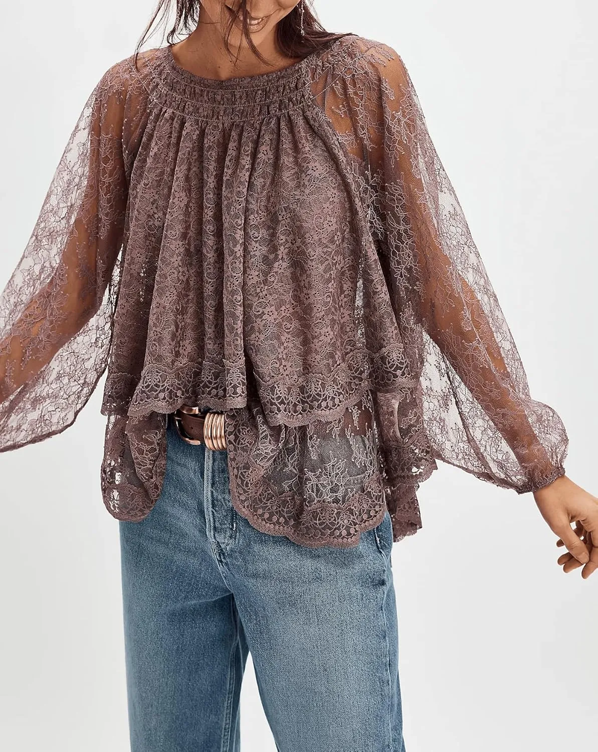 Faretumiya Women Off Shoulder Sheer Lace Top Long Sleeve Bow Tie Mesh Flowy Blouse Y2k Ruffle Tiered See Through Shirt