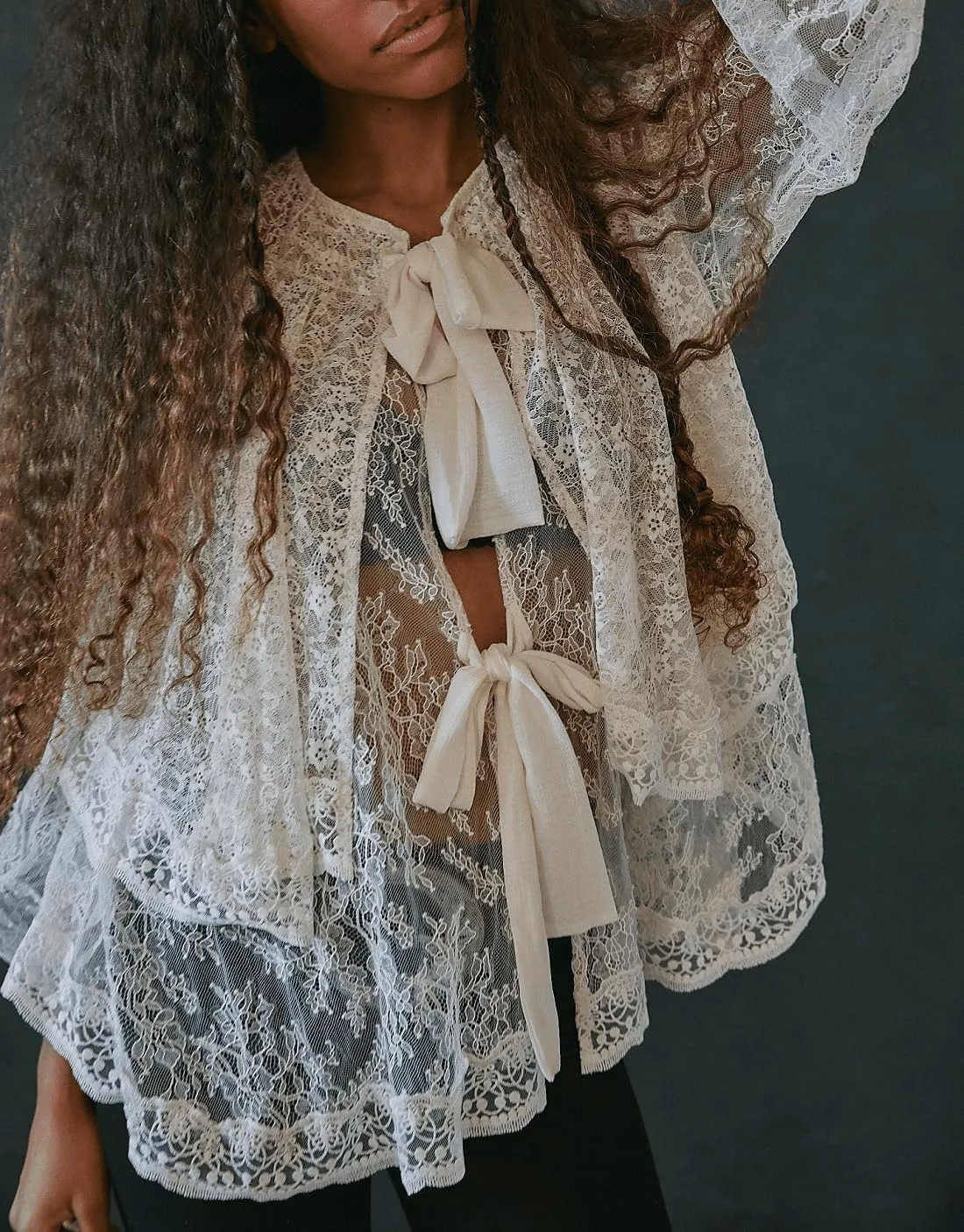 Faretumiya Women Off Shoulder Sheer Lace Top Long Sleeve Bow Tie Mesh Flowy Blouse Y2k Ruffle Tiered See Through Shirt
