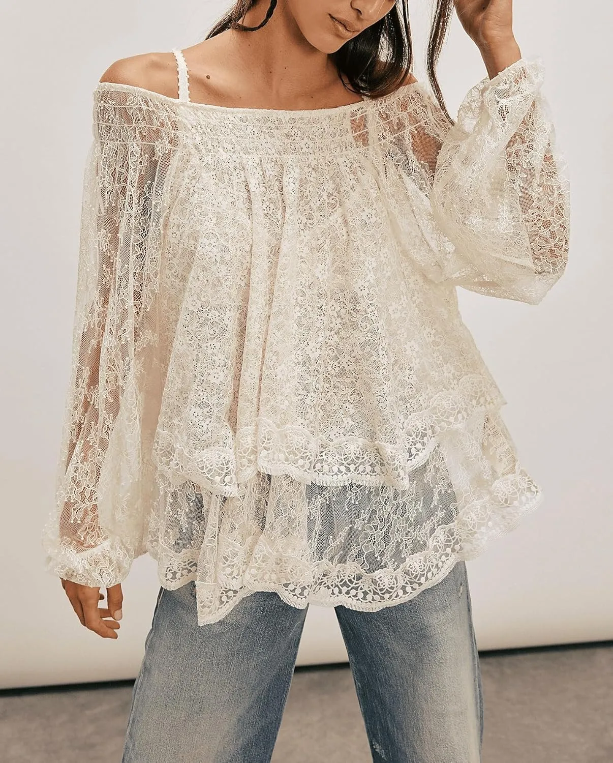 Faretumiya Women Off Shoulder Sheer Lace Top Long Sleeve Bow Tie Mesh Flowy Blouse Y2k Ruffle Tiered See Through Shirt