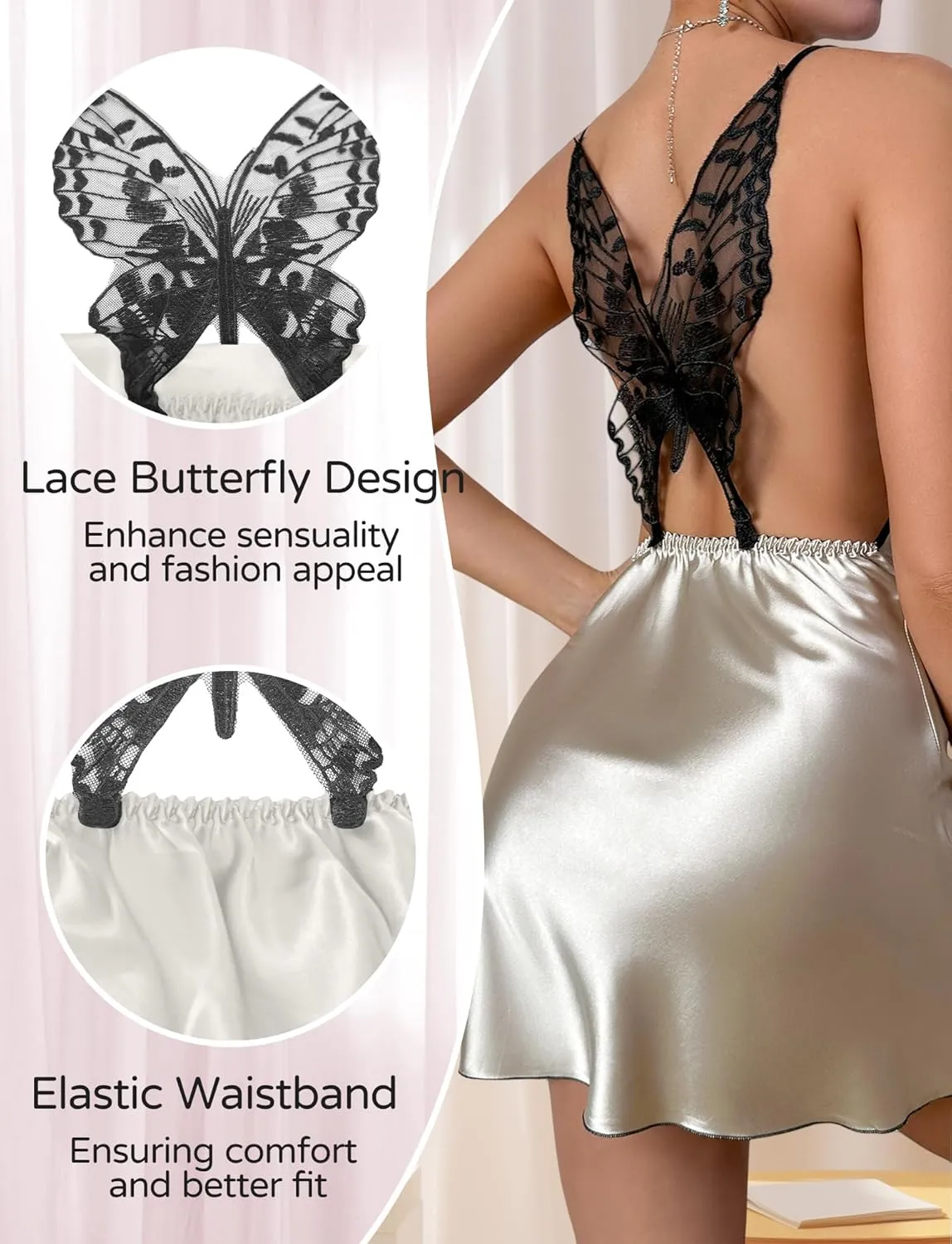 FEOYA Silk Nightgown for Women Spaghetti Strap Satin Mini Slip Dress Sexy Lace Butterfly Backless Short Chemise Lingerie