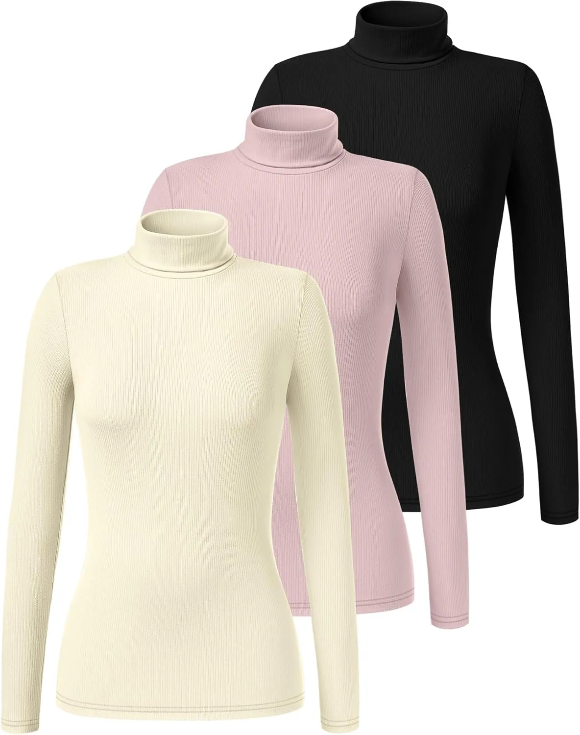 Ficerd 3 Pack Women's Ribbed Thermal Turtleneck Tops Long Sleeve Stretch Shirts Knitted Fitted Lightweight Base Layer