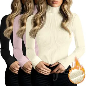 Ficerd 3 Pack Women's Ribbed Thermal Turtleneck Tops Long Sleeve Stretch Shirts Knitted Fitted Lightweight Base Layer