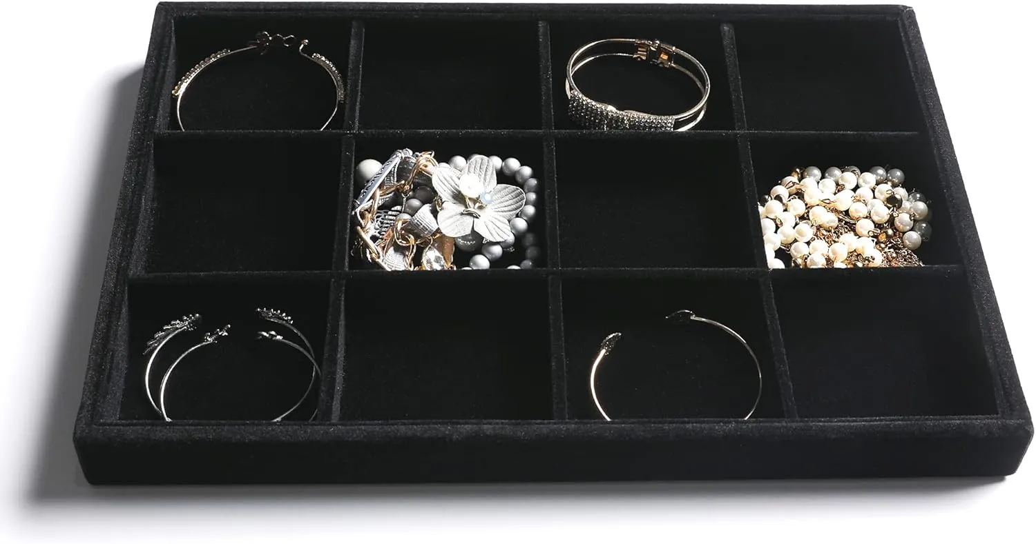 Frebeauty Stackable Velvet Jewelry Organizer Trays for Drawers Inserts Jewelry Storage Tray Display Case, Stud Earrings Bracelets Necklace Rings Accessories Trays for Women (Set of 2 Black)