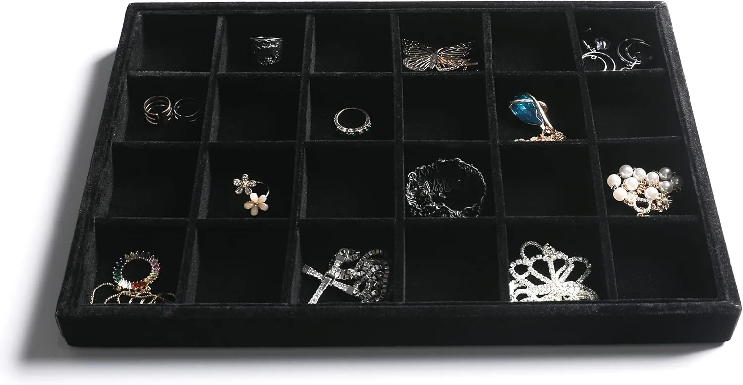 Frebeauty Stackable Velvet Jewelry Organizer Trays for Drawers Inserts Jewelry Storage Tray Display Case, Stud Earrings Bracelets Necklace Rings Accessories Trays for Women (Set of 2 Black)