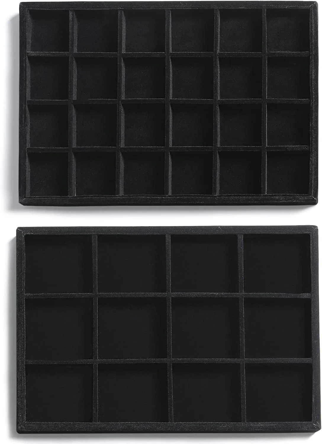 Frebeauty Stackable Velvet Jewelry Organizer Trays for Drawers Inserts Jewelry Storage Tray Display Case, Stud Earrings Bracelets Necklace Rings Accessories Trays for Women (Set of 2 Black)
