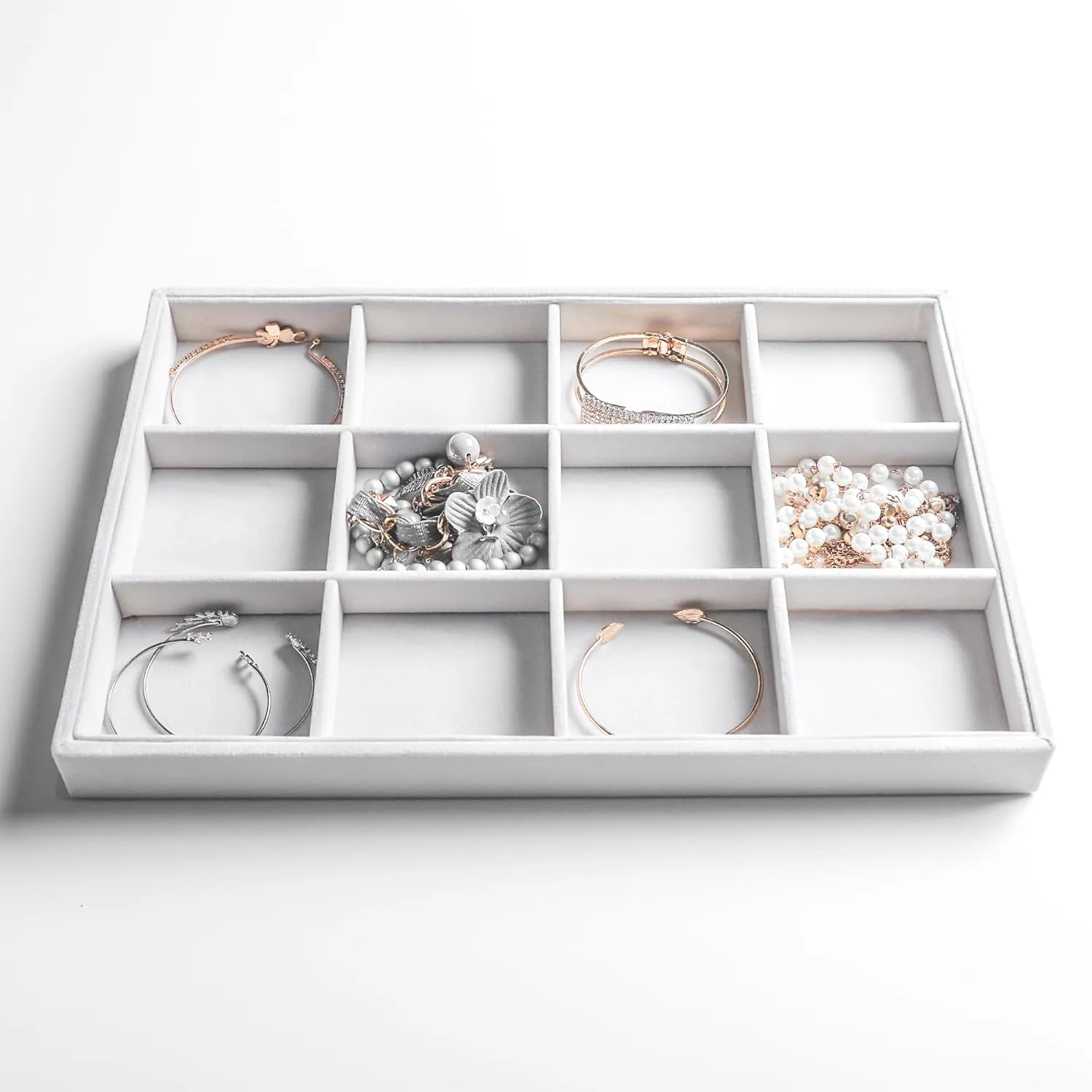 Frebeauty Stackable Velvet Jewelry Organizer Trays for Drawers Inserts Jewelry Storage Tray Display Case, Stud Earrings Bracelets Necklace Rings Accessories Trays for Women(Set of 2)(White)