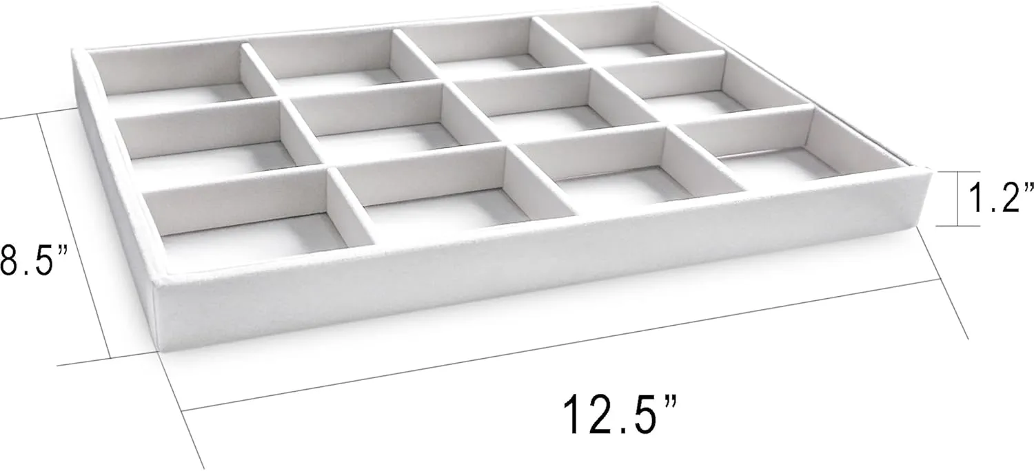 Frebeauty Stackable Velvet Jewelry Organizer Trays for Drawers Inserts Jewelry Storage Tray Display Case, Stud Earrings Bracelets Necklace Rings Accessories Trays for Women(Set of 2)(White)