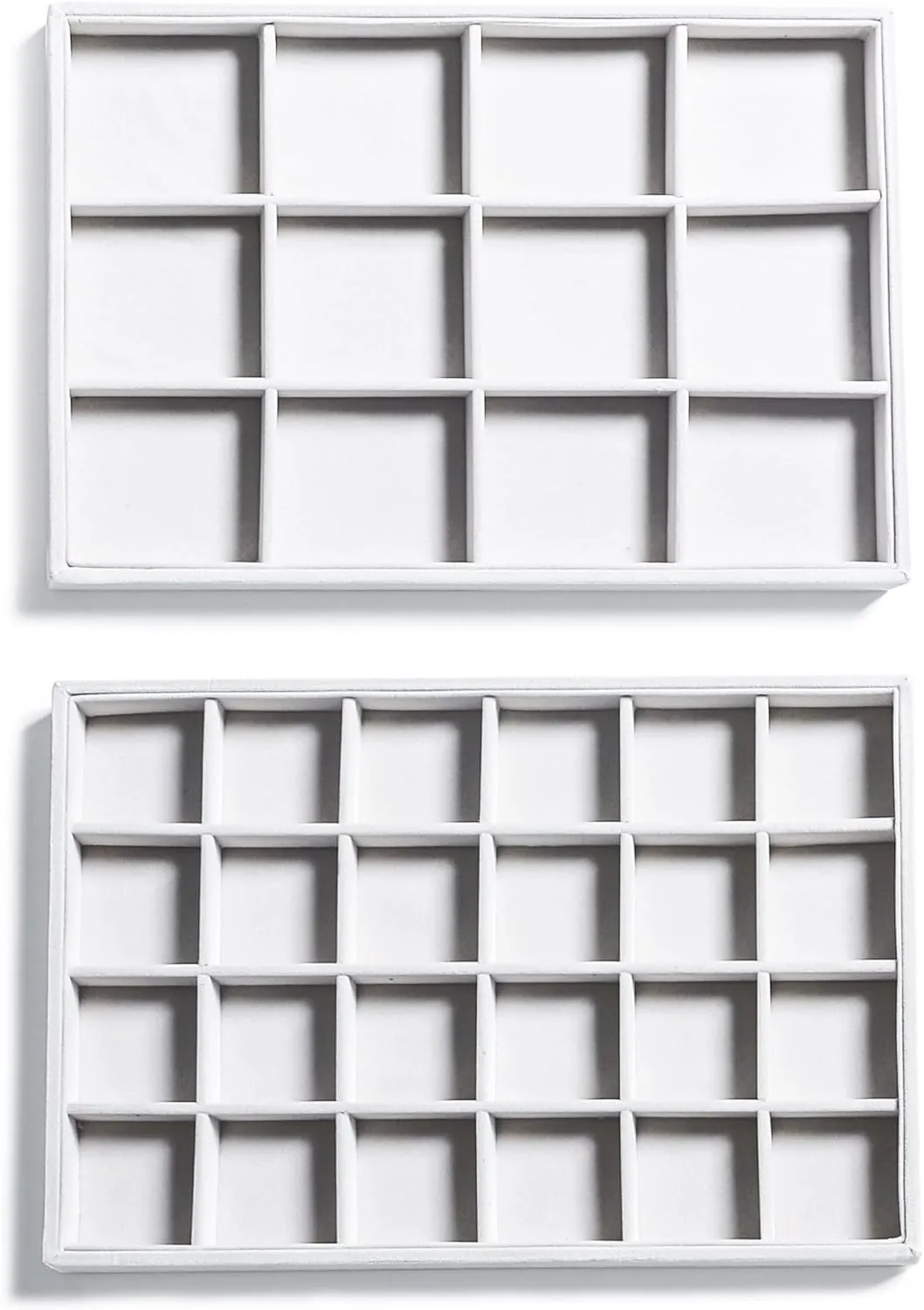 Frebeauty Stackable Velvet Jewelry Organizer Trays for Drawers Inserts Jewelry Storage Tray Display Case, Stud Earrings Bracelets Necklace Rings Accessories Trays for Women(Set of 2)(White)