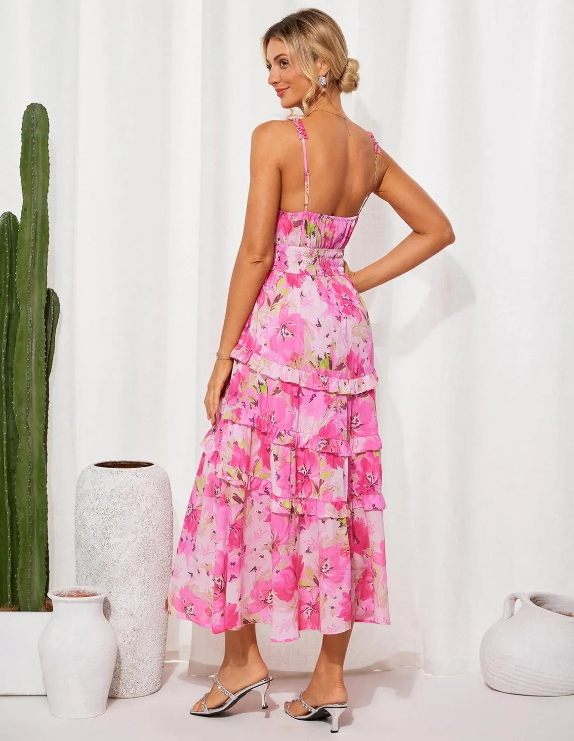 GRACE KARIN Women's Floral Summer Wedding Guest Dresses 2025 Trendy Long Flowy Smocked Tiered Maxi Dress