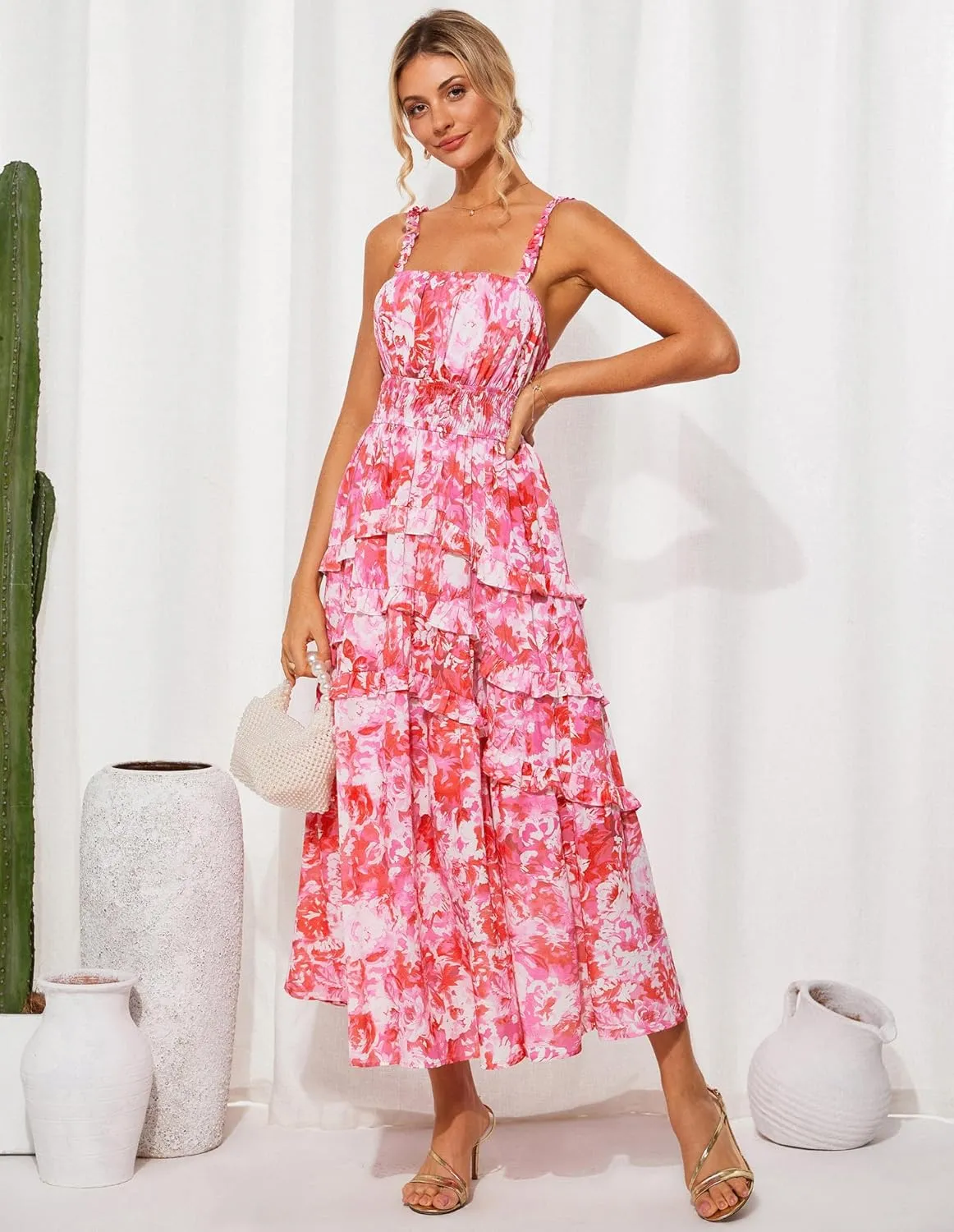 GRACE KARIN Women's Floral Summer Wedding Guest Dresses 2025 Trendy Long Flowy Smocked Tiered Maxi Dress